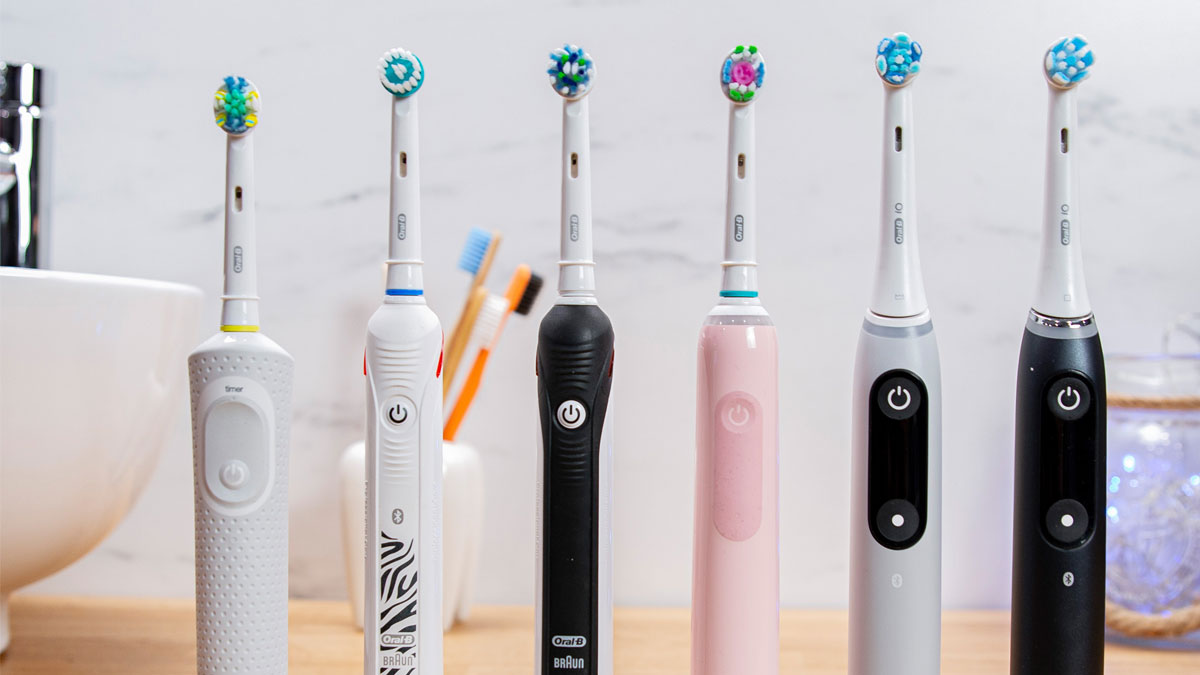 Oral-B toothbrushes stood next to each other