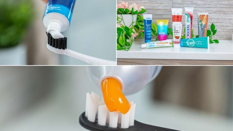 Montage of toothpaste being put on to toothbrush heads and a shot of several toothpastes tubes next to each other