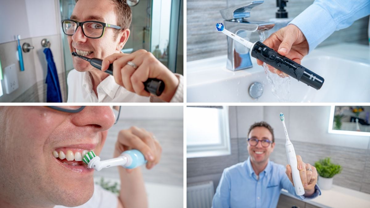 Montage of Jon testing various Sonicare and Oral-B brushes