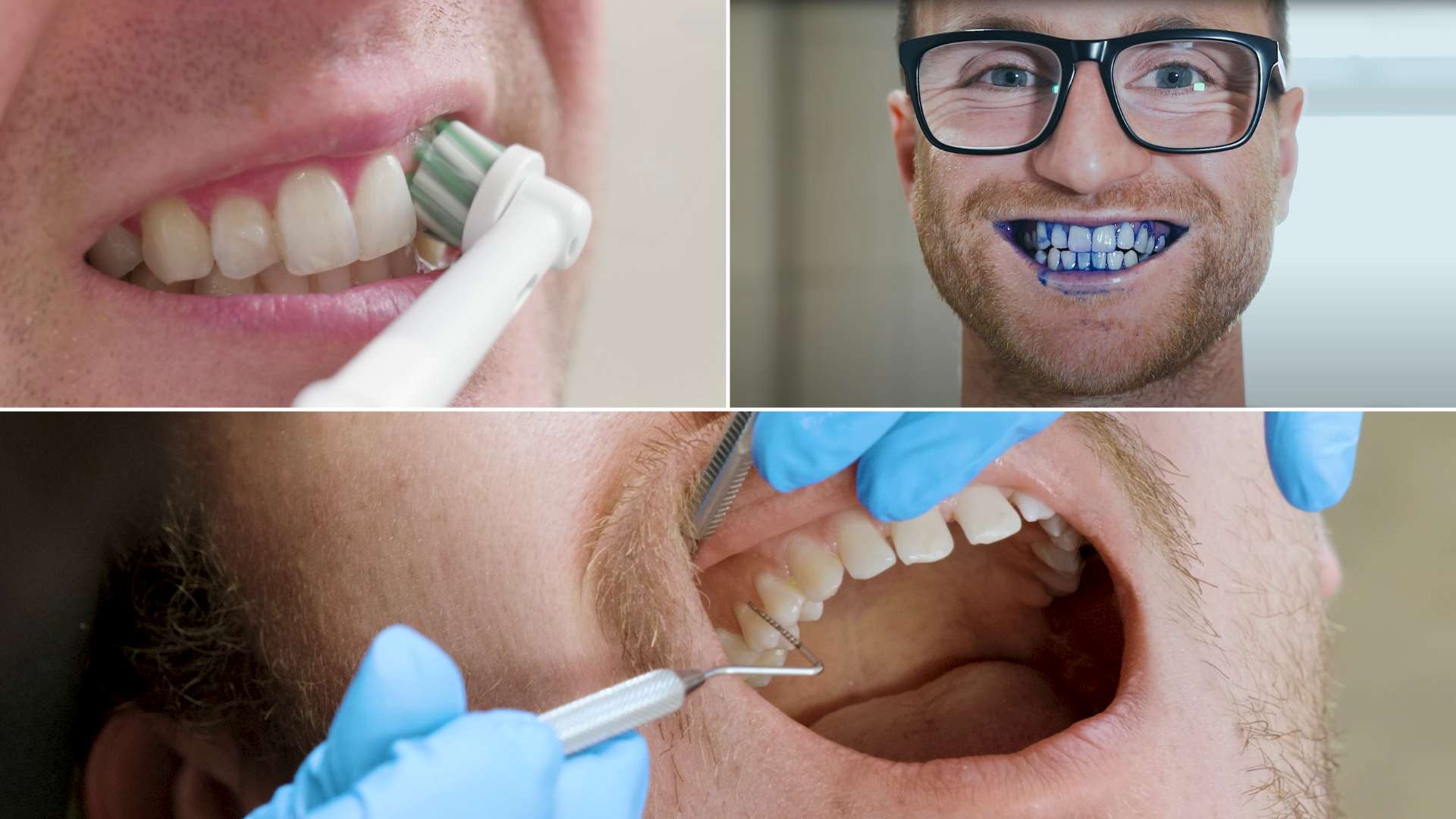 Montage of teeth being brushed and checked