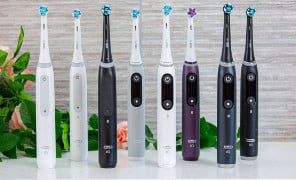 Oral-B iO brushes stood next to each other
