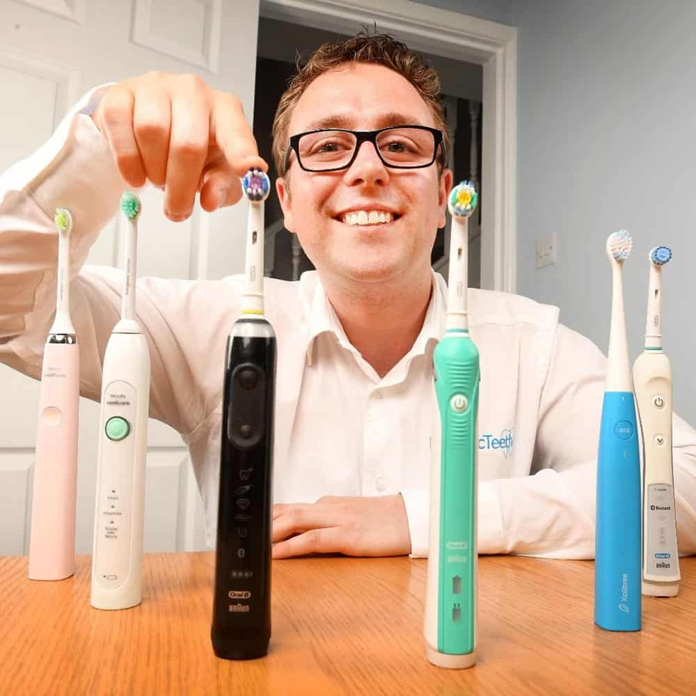 Electric Teeth co-founder Jon Love with a range of electric toothbrushes. 