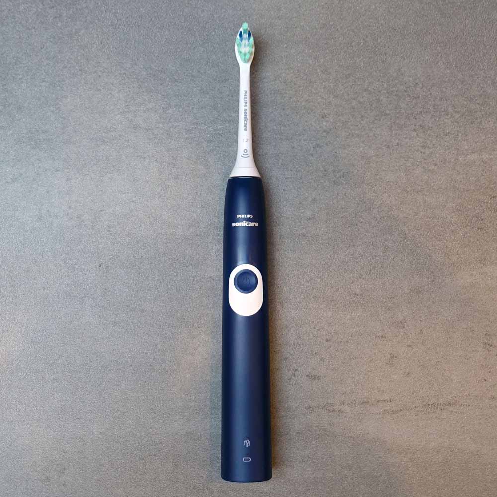 Blue Sonicare 4300 laid flat on a countertop