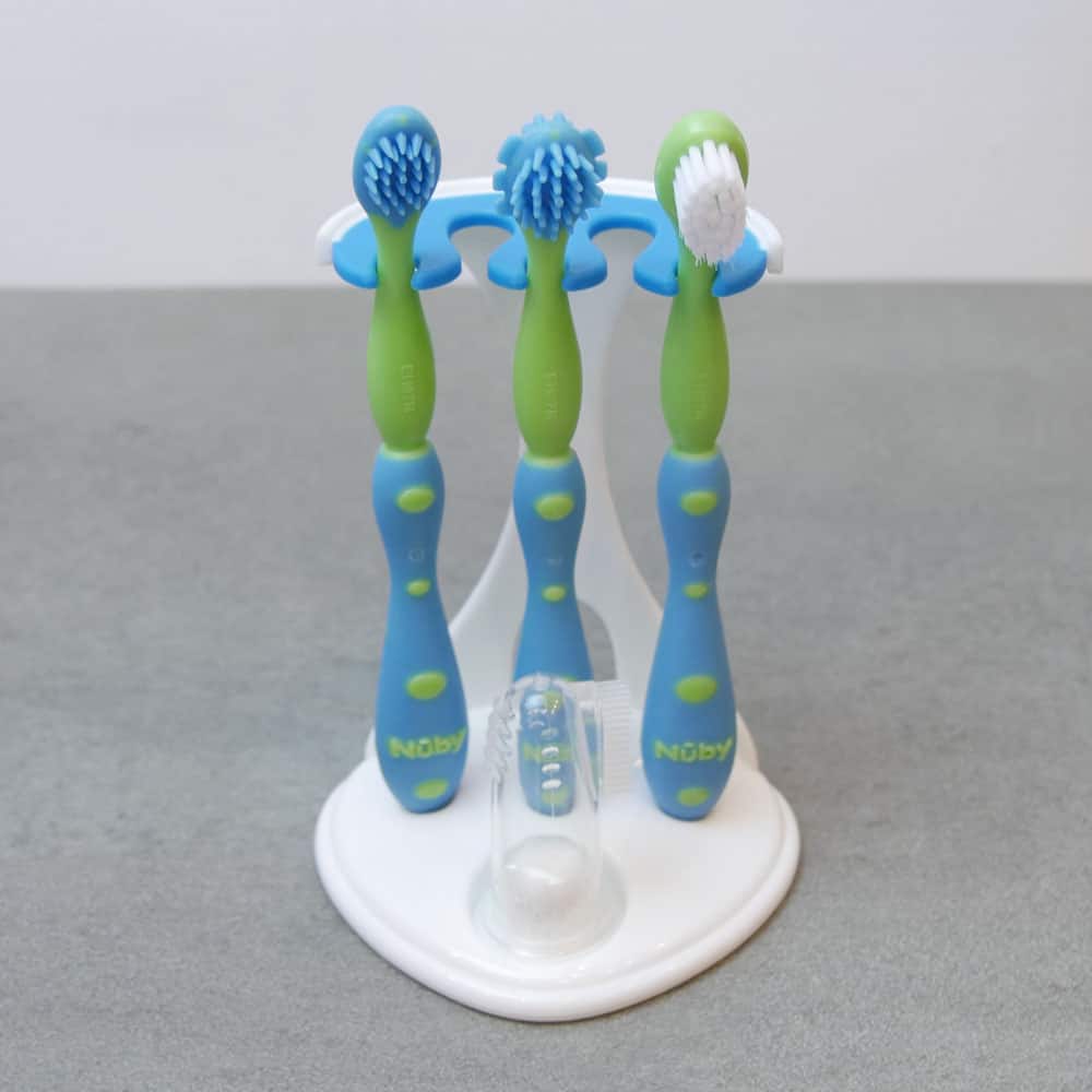 This photo shows the Nuby brushes in their stand