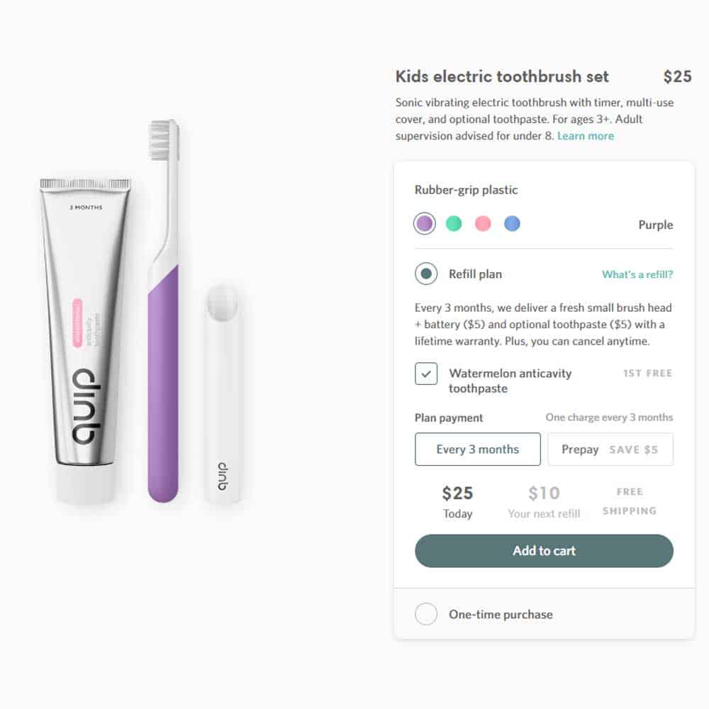 Screenshot of Quip kids electric toothbrush set 
