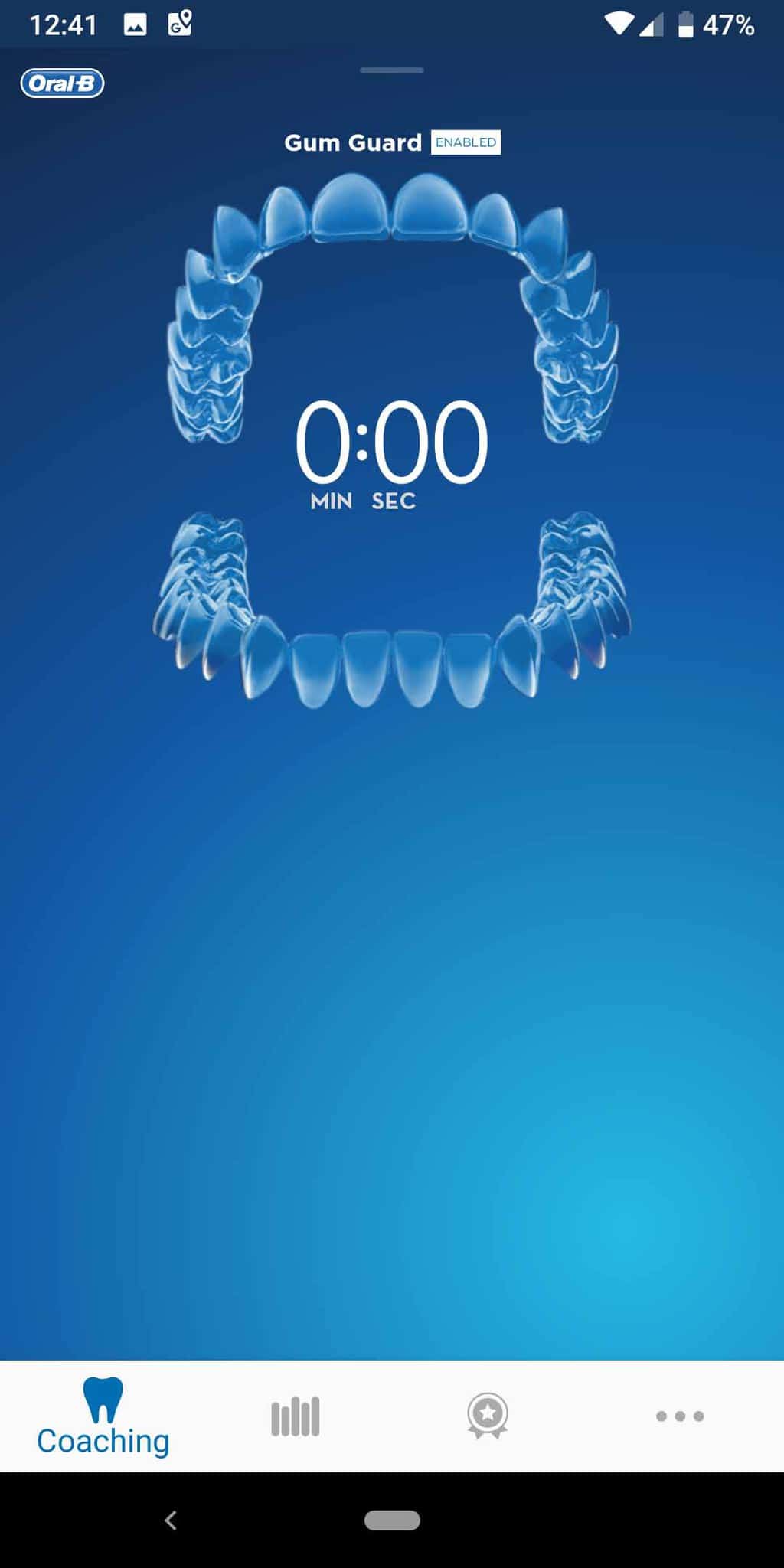 Oral-B Genius X app screenshot showing a set of teeth and a timer