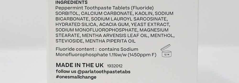 Ingredients of Parla toothpaste tablets