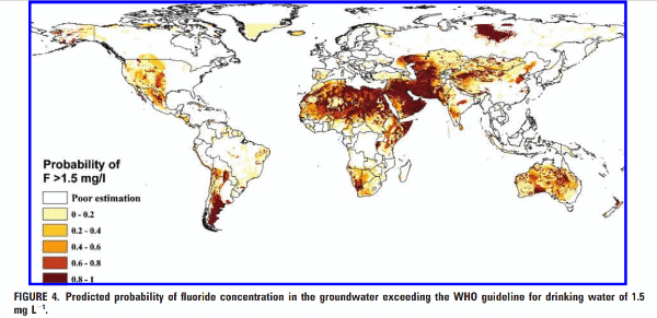 Map of the world showing probably areas of higher than recommended fluoride