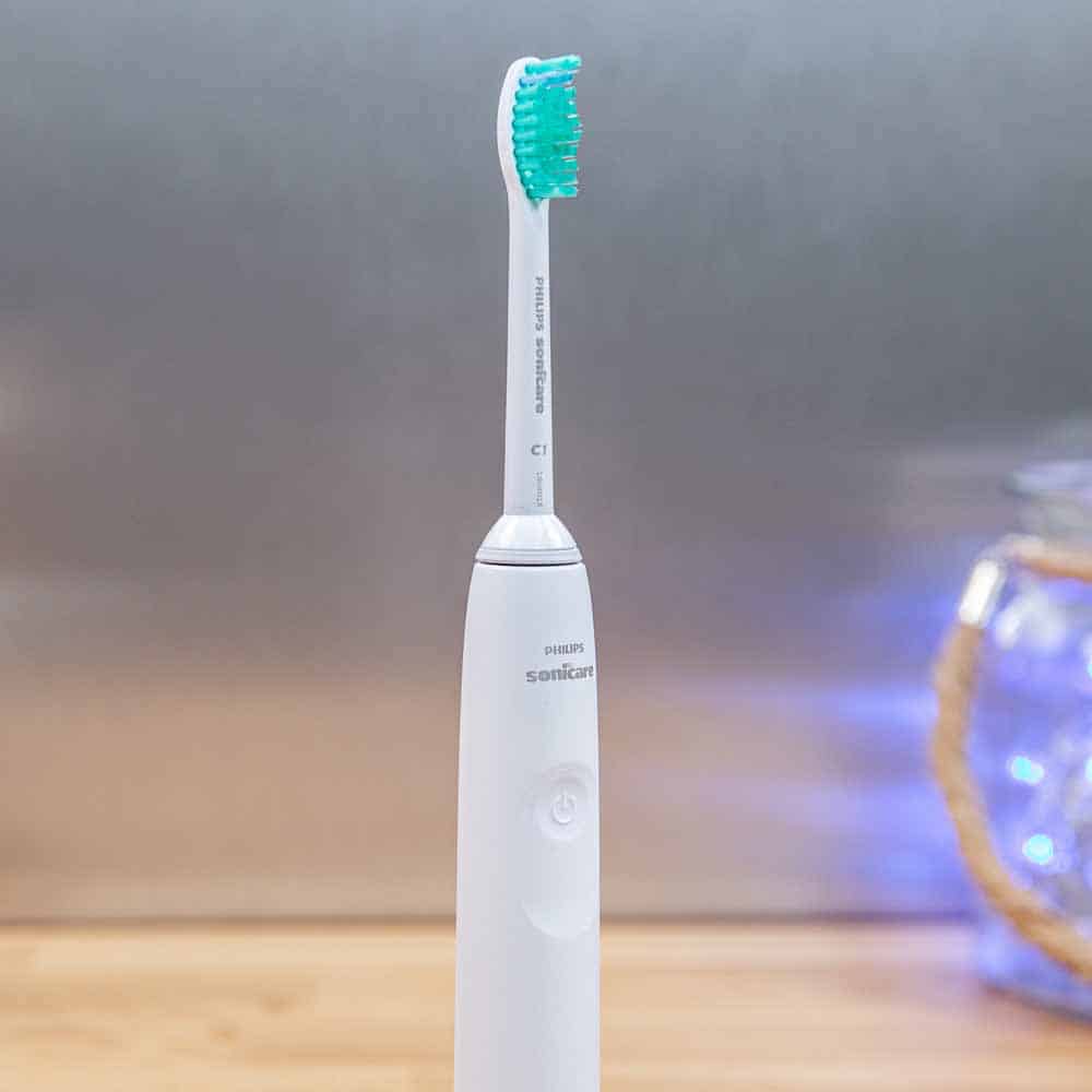 A close up shot of the brush head on the Philips Sonicare 3100 Series