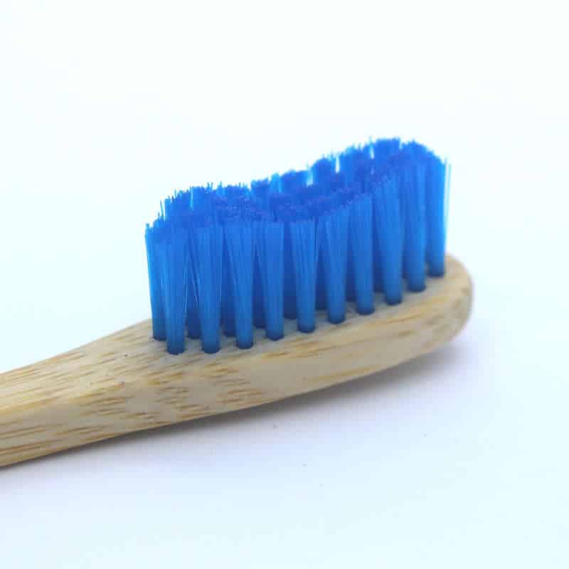 Close up of blue bristles on Humble co bamboo toothbrush