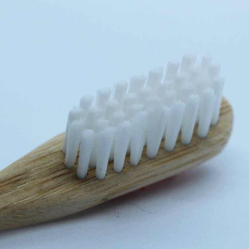 Close up of white bristles on Hydrophil bamboo toothbrush