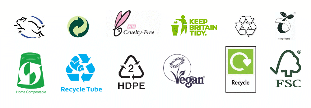 Various logos related to recycling and environmental terminology