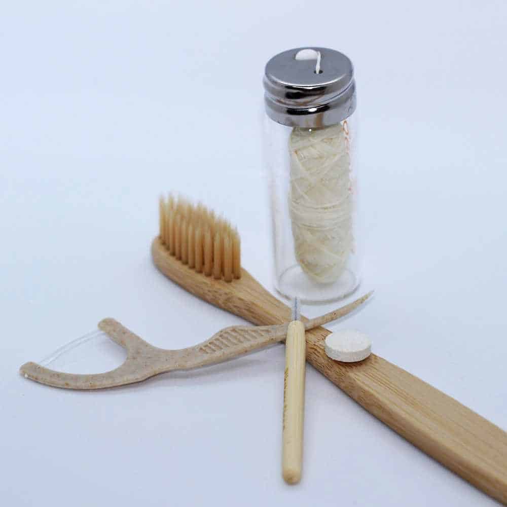 Bambbo interdental brush, bamboo toothbrush, bio plastic floss and bio plastic floss pick