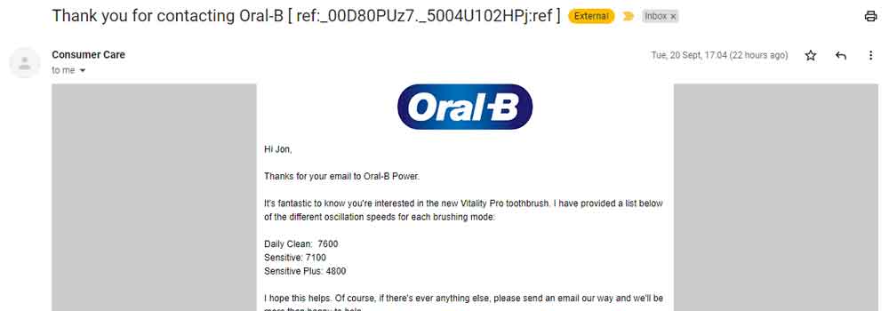 Oral-B Email Response Vitality Pro