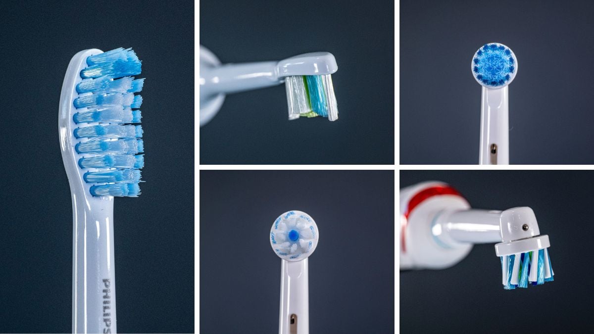 A collage of different electric toothbrush head styles
