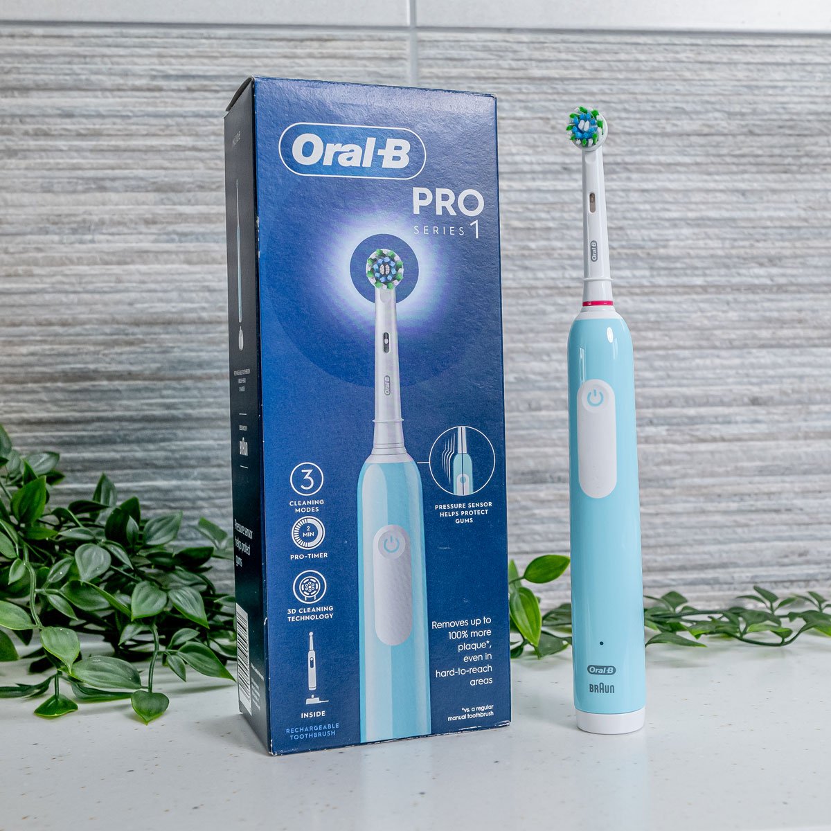 Oral-B Pro 1 with box stood on a countertop