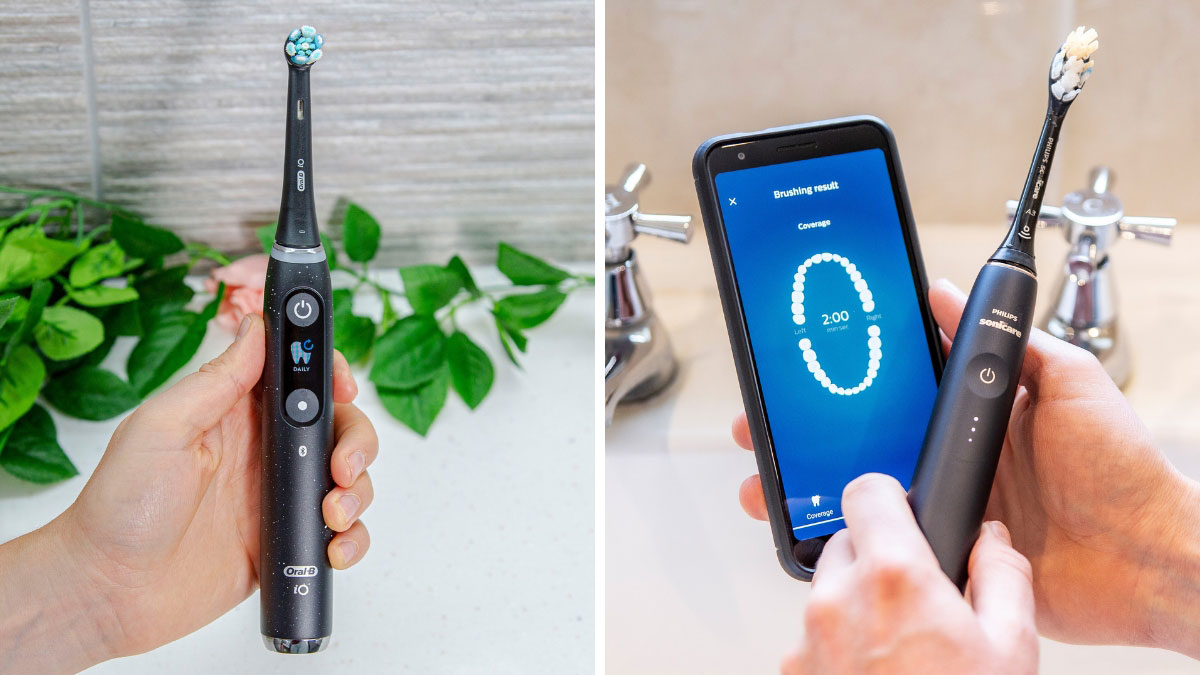 Oral-B brush next to a Sonicare brush