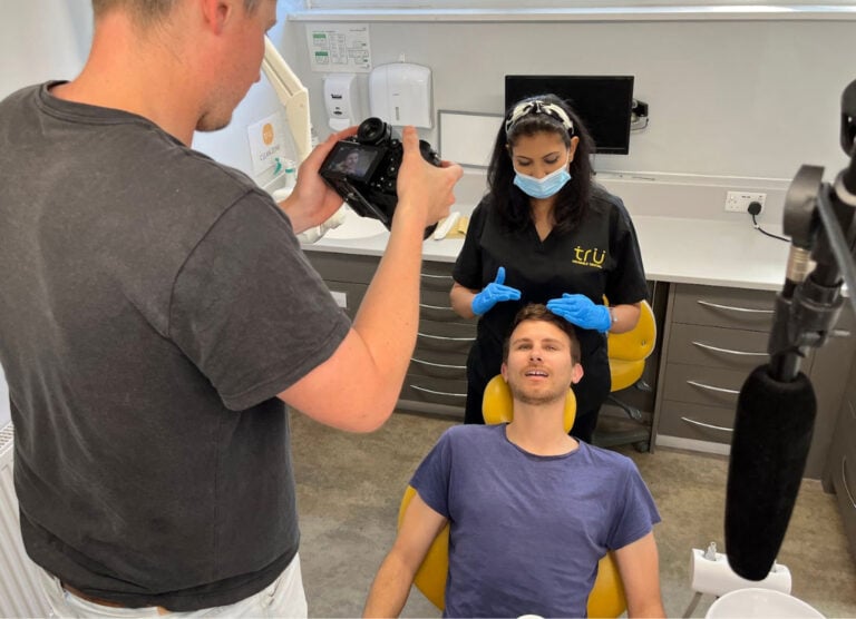 Chris being filmed in the dentist chair