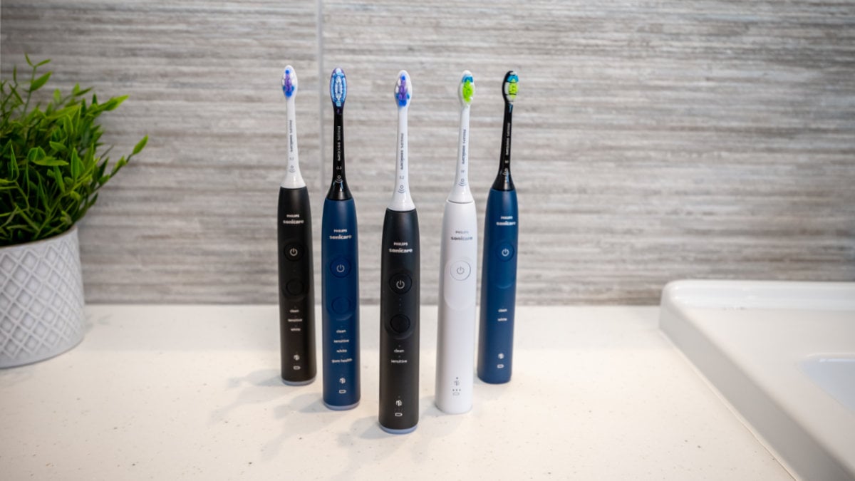 Sonicare Series late 2024 - 5300 5500 6100 6500 7100 stood next to each other in triangle formation