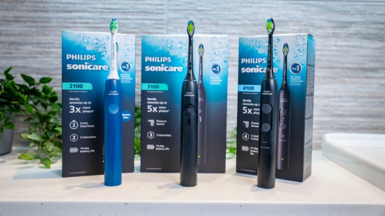 Sonicare 2100 3100 and 4100 2026 editions stood next to each other with boxes