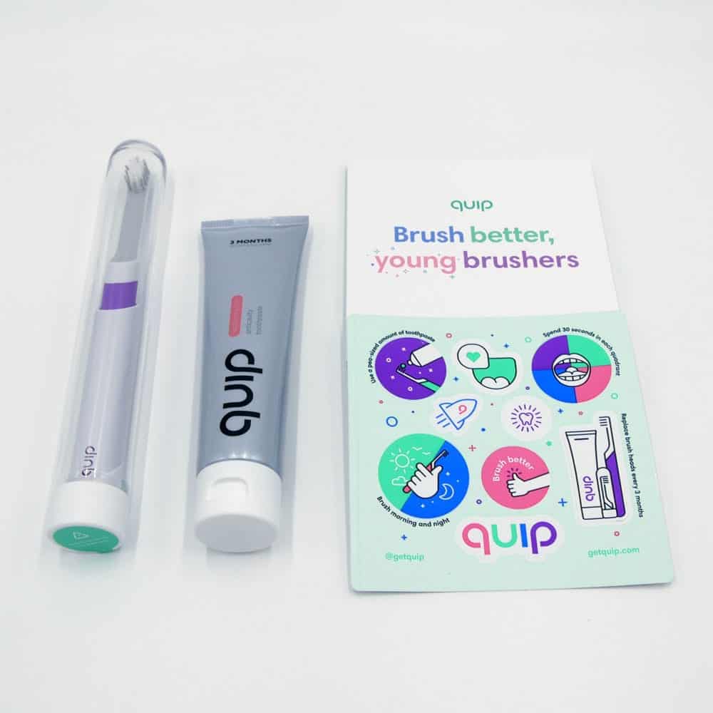 Quip kids toothbrush box contents - brush, toothpaste and pamphlet