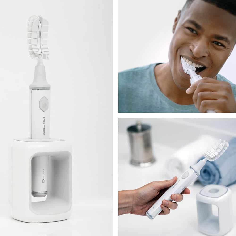 J-shaped encompass toothbrush