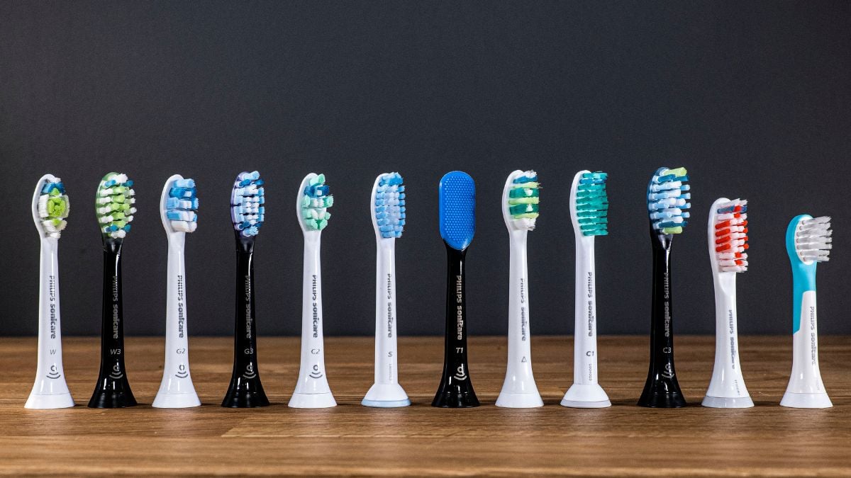 A collection of Philips Sonicare brush heads stood next to each other