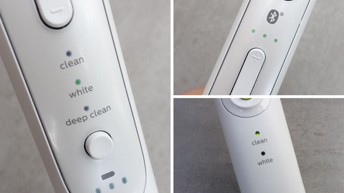 3 close up images of cleaning mode labels on various brush handles.